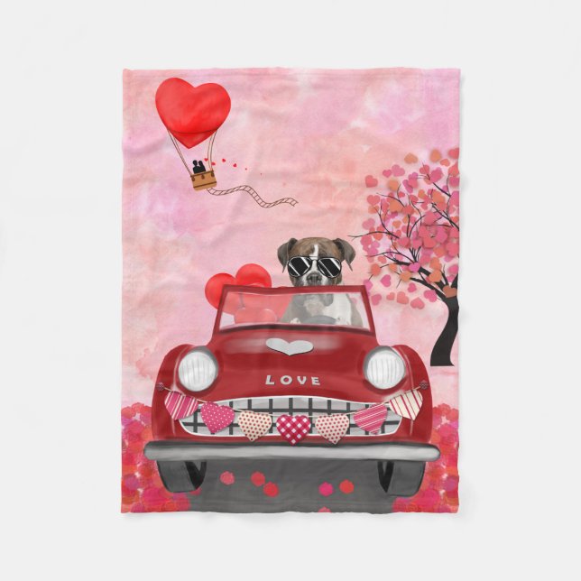 Couverture Polaire Boxer Chien voiture avec les coeurs Valentine's (Devant)