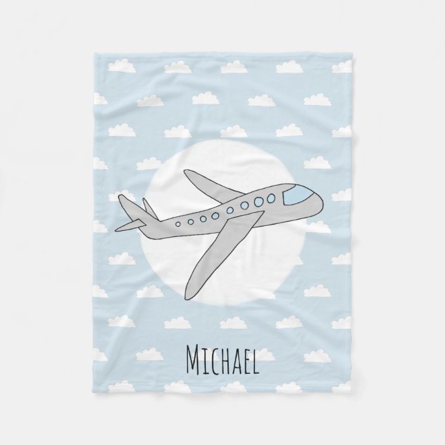 Couverture Polaire Boy Cute Blue Airplane avec Name Kids (Devant)