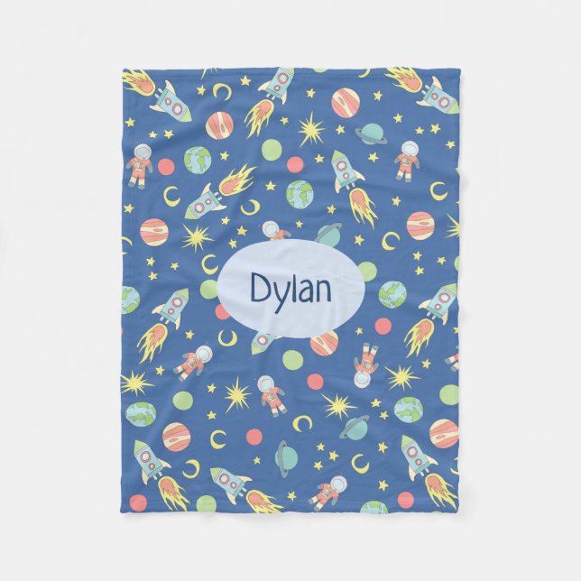 Couverture Polaire Boys Cute Blue Rocket Ship Space Motif et nom (Devant)