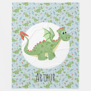 Couverture Polaire Boys mignon Dragon vert Cartoon Motif & Nom Enfant