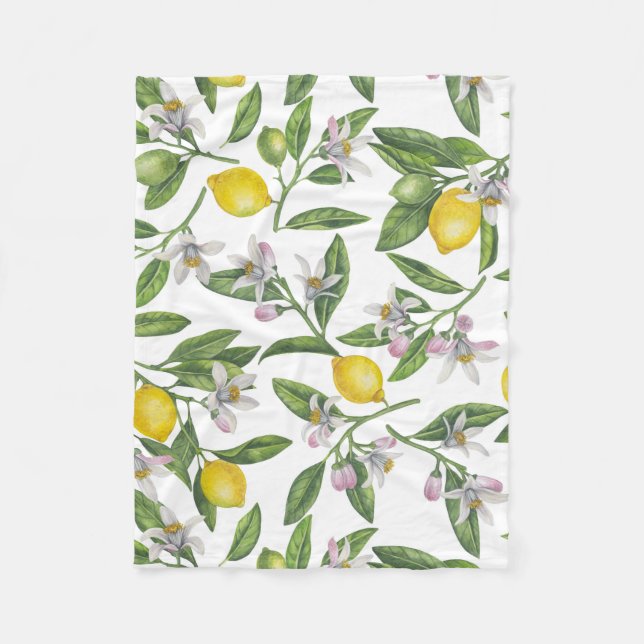 Couverture Polaire Branches de citron avec fleurs et fruits sur blanc (Devant)