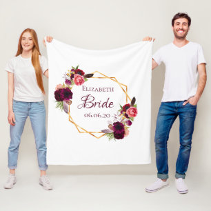 Couverture Polaire Bride blanc fleuri or géométrique nom du mariage