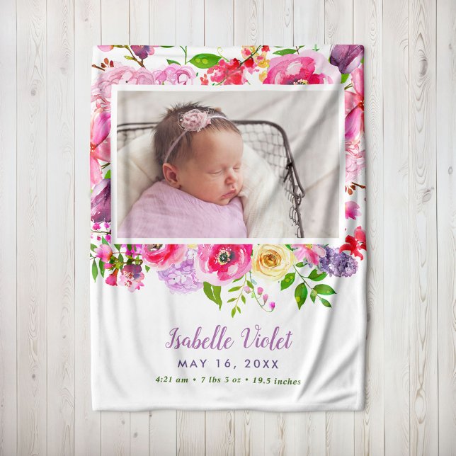 Couverture Polaire Bright Blooms Baby Girl Birth Stat Photo (Créateur téléchargé)