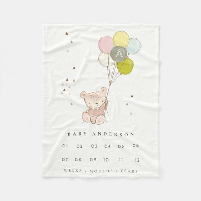 Couverture Polaire Brousse Ours Balloon Fille Monogramme Bébé Jalon (Devant)