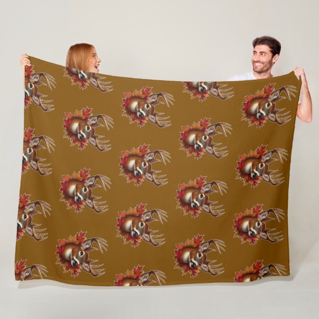 Couverture Polaire Buck Deer entouré de feuilles d'automne (En situation)