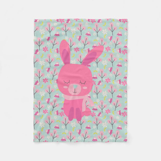 Couverture Polaire Bunnies et fleurs roses (Devant)