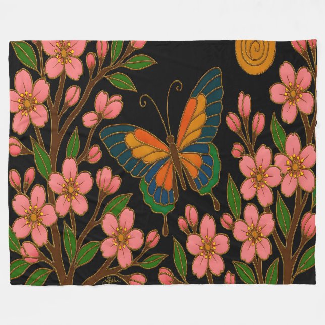 Couverture Polaire Butterfly Cherry Blossom Moon (Devant (Horizontal))