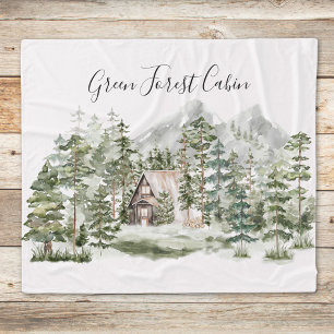 Couverture Polaire Cabane aquarelle dans la forêt verte de pins boisé