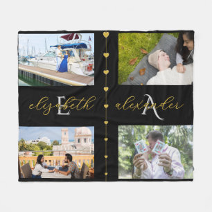 Couverture Polaire Cadeau Couple Initiales Noms avec 4 Photos en Or N
