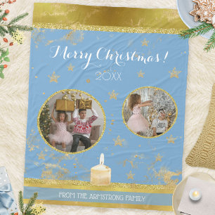 Couverture Polaire Cadeau de Noël en photo Blue Gold Glitter 2 Famill