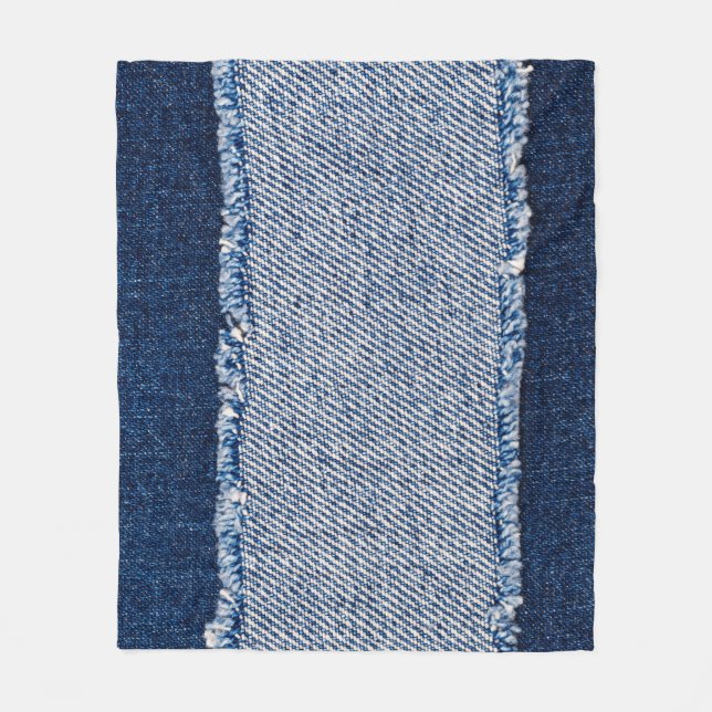 Couverture Polaire Cadre de jean bleu denim fringé. (Devant)