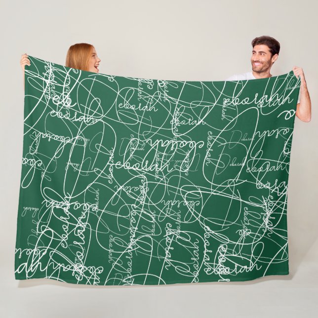 Couverture Polaire Calligraphie moderne Motif des Signatures sur Vert (En situation)