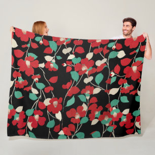 Couverture Polaire CAMELLIAS ROUGES, FEUILLES BLANCS VERTS NOIR Flora