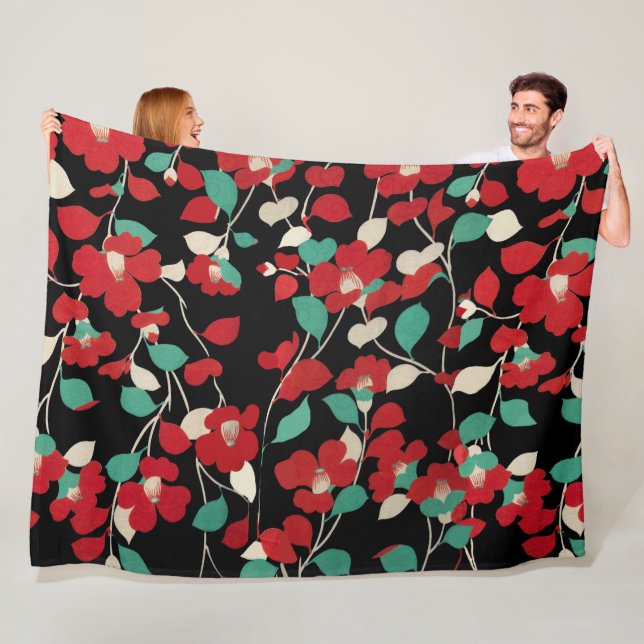 Couverture Polaire CAMELLIAS ROUGES, FEUILLES BLANCS VERTS NOIR Flora (En situation)