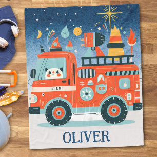 Couverture Polaire Camion de pompiers mignon avec un chat la nuit