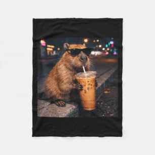 Couverture Polaire Capybara drôle buvant du café glacé amateur d'anim
