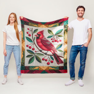 Couverture Polaire Cardinal Bird Quilt, Blanche Fleece - Rouge Vibran