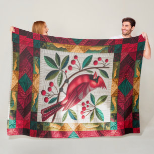 Couverture Polaire Cardinal Bird Quilt, Blanche Fleece - Rouge Vibran
