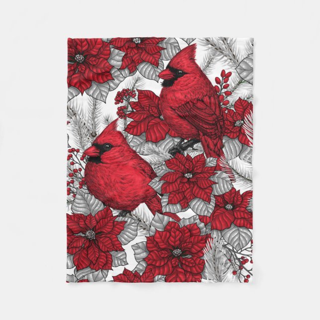 Couverture Polaire Cardinaux et poinsettia en rouge et blanc (Devant)