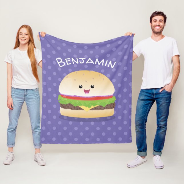 Couverture Polaire Caricature de hamburger kawaii joyeux (En situation)