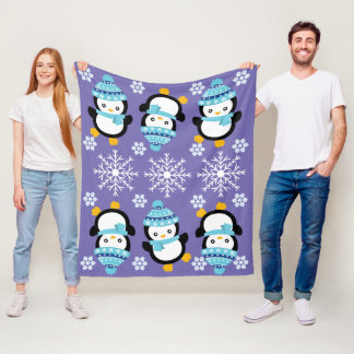Couverture Polaire Caricature de pingouin froid hiver flocon bleu pol