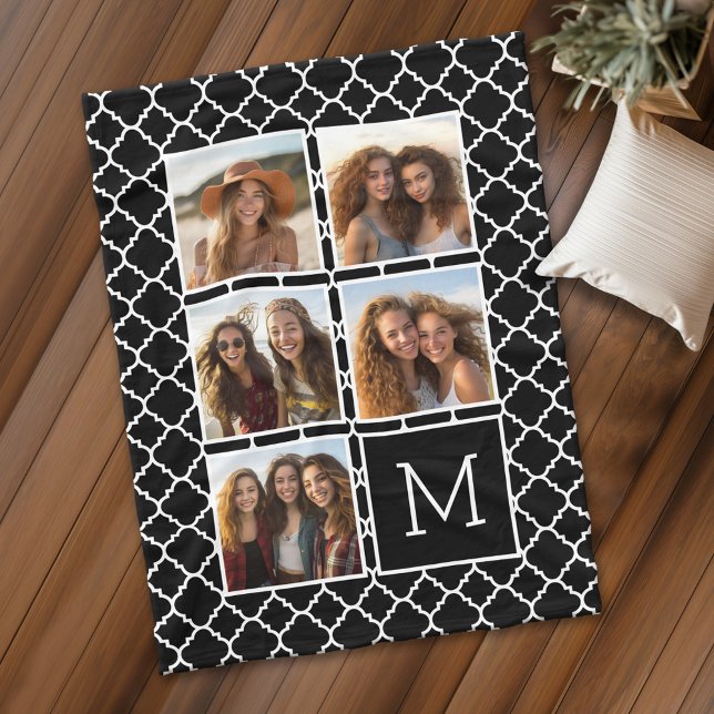 Couverture Polaire Carré noir et blanc 5 Photo Collage Monogramme (Personalized fleece blanket with 5 photos and a monogram)