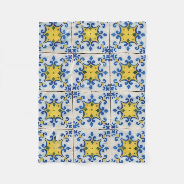 Couverture Polaire Carreaux portugais - Azulejo Motif bleu et jaune (Devant)