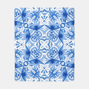 Couverture Polaire Carrelage blanc bleu, motif aquarelle sans couture