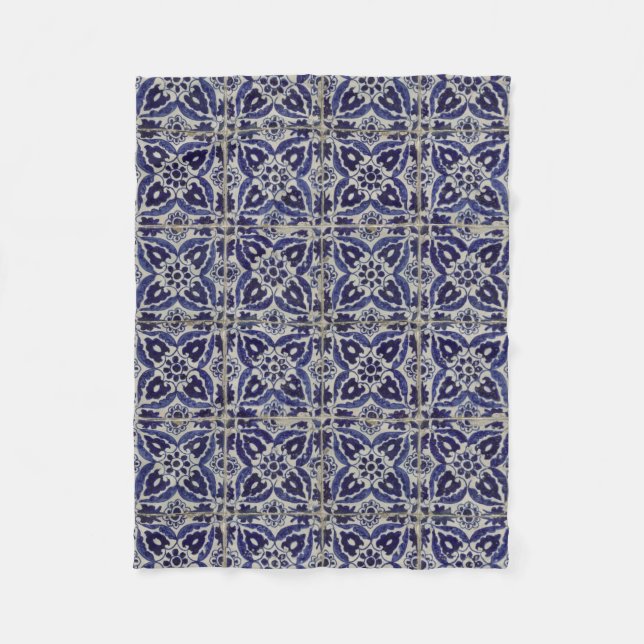 Couverture Polaire Carrelage italien rustique Azulejo bleu blanc géom (Devant)