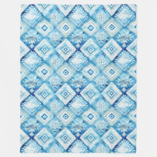Couverture Polaire Carrés Batik Bleu Blanc (Devant)