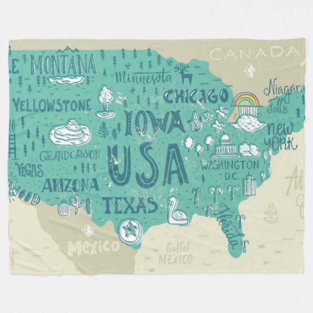 Couverture Polaire Carte de griffonnage des Etats-Unis (Devant (Horizontal))