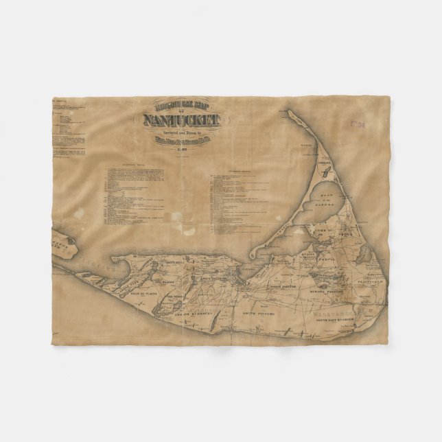 Couverture Polaire Carte vintage de Nantucket (1869) (Devant (Horizontal))