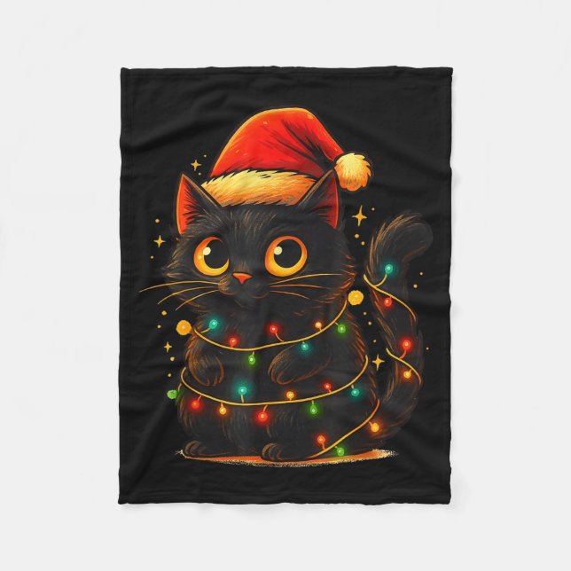 Couverture Polaire Cat Black Christmas Tree Lights Funny Santa Kitten (Devant)