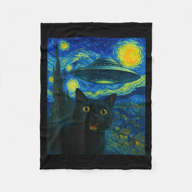 Couverture Polaire Cat Selfie With Alien Ufo Night Van Gogh Men Women (Devant)