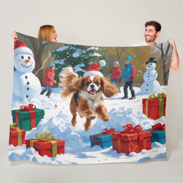 Couverture Polaire Cavalier King Charles Spaniel Neige avec Noël (En situation)