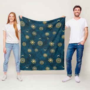 Couverture Polaire Céleste Bleu et Or Starry Night Crescent Lune