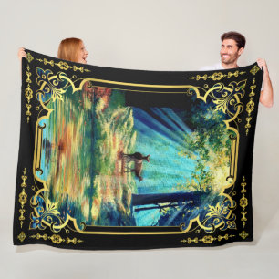 Couverture Polaire Cerf au soleil strie forêt et l'eau fleece bl