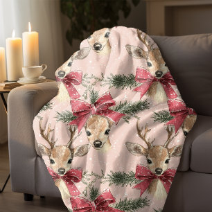 Couverture Polaire Cerf mignon avec Bow rouge Noël rose