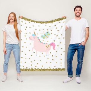 Couverture Polaire Chambre de fille licorne paillettes rose et or Nur