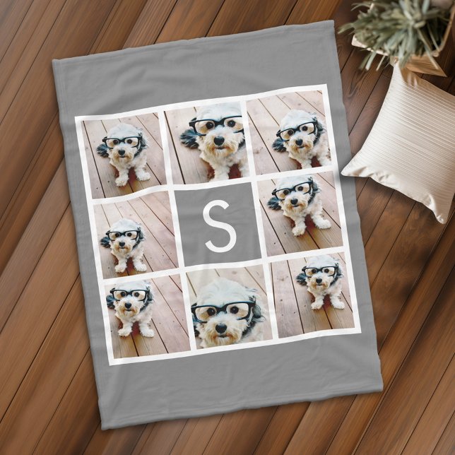 Couverture Polaire Charbon Blanc 8 Photo Collage Monogramme simple (Personalized fleece blanket with 8 photos and a monogram)
