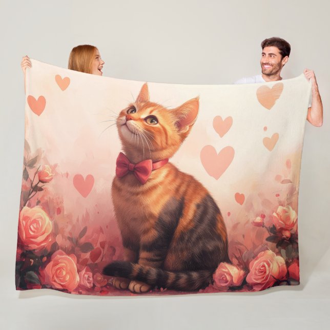 Couverture Polaire Chat abyssinien avec Rose - Saint Valentin (En situation)