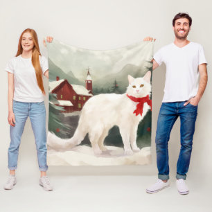 Couverture Polaire Chat Angora turc en Noël de neige