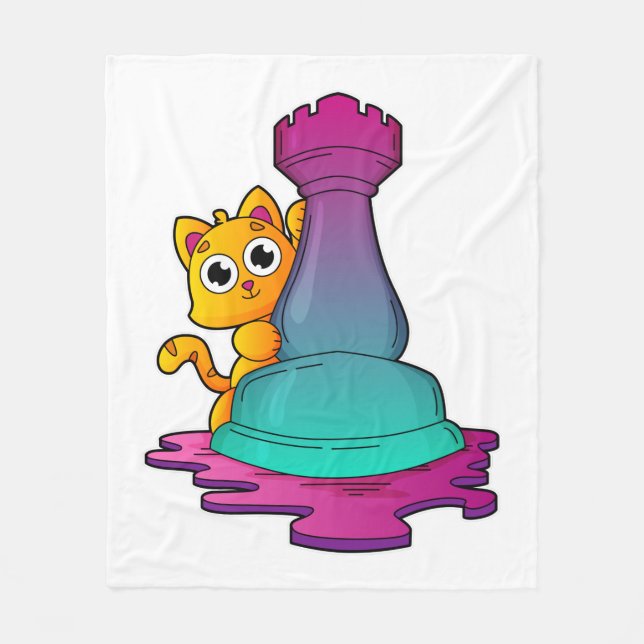Couverture Polaire Chat aux échecs avec pièce d'échecs Roche (Devant)