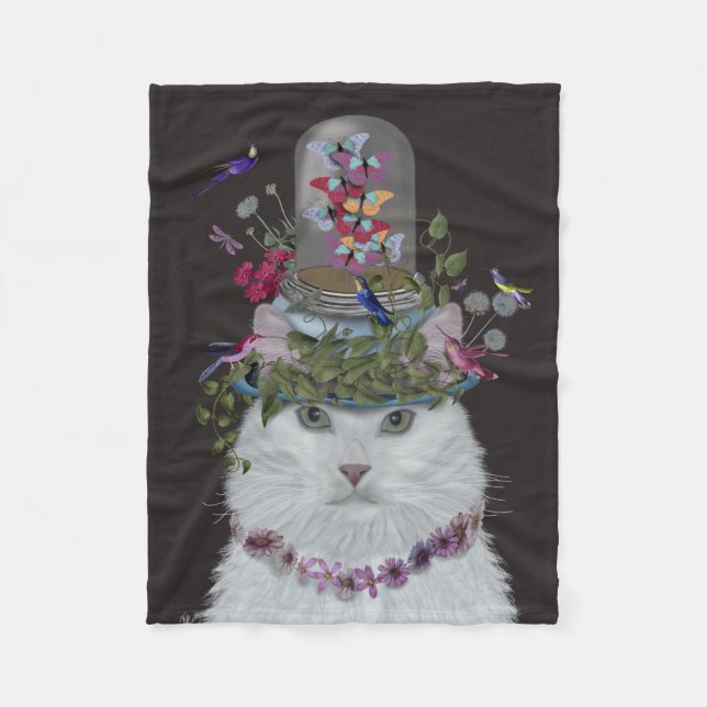 Couverture Polaire Chat blanc avec cloche papillon (Devant)