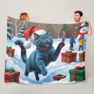 Couverture Polaire Chat Bleu Russe Courant dans la Neige avec un Chap