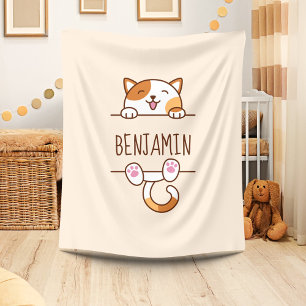 Couverture Polaire Chat Calico gai Pékin Nom personnalisé Beige
