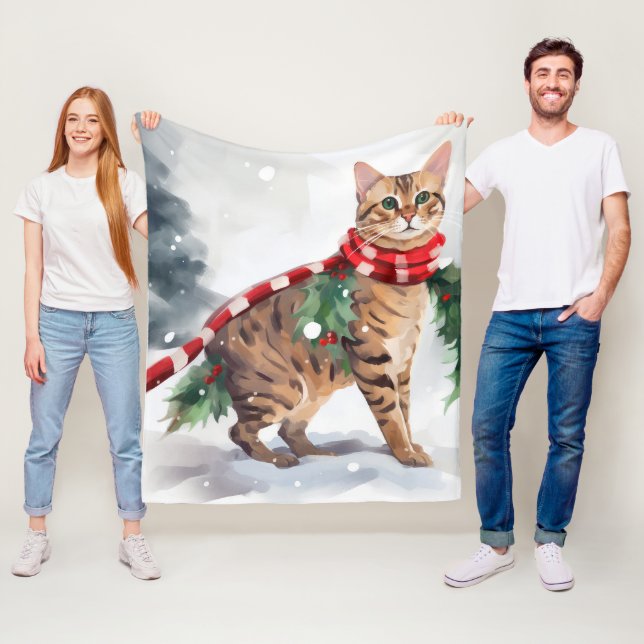 Couverture Polaire Chat du Bengale à Noël de neige (En situation)