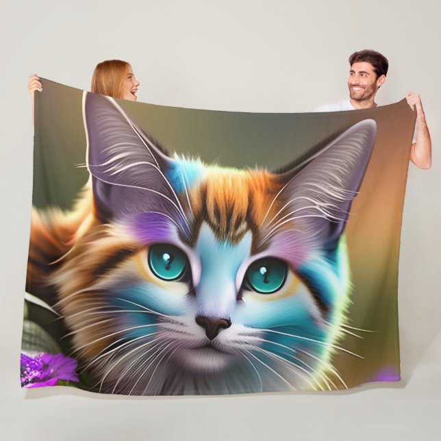Couverture Polaire chat et fleurs bleu et rouille calico (En situation)