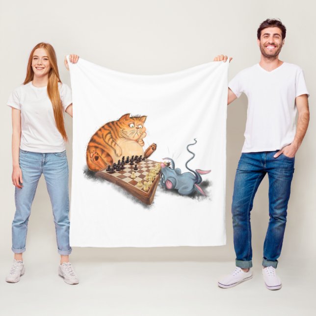 Couverture Polaire Chat et souris Jouer aux échecs Toison Blanche (En situation)