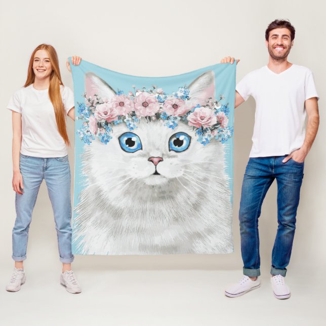 Couverture Polaire Chat floral blanc doux (En situation)